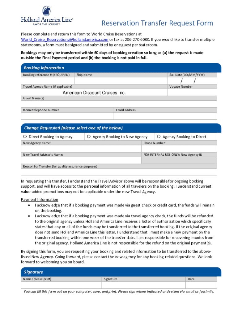 Fillable Online tranfer of a reservation to a travel agent Holland America Fax Email Print