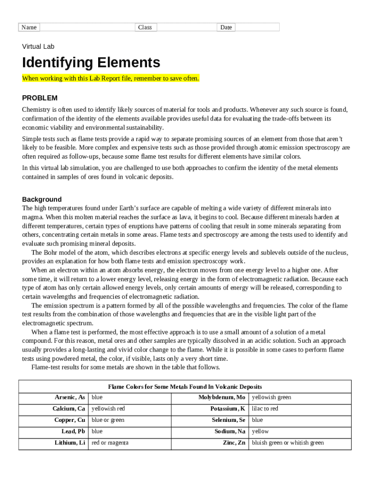 Flame Test Virtual Lab Virtual Lab Identifying Elements... tskinnersbec edublogs Doc
