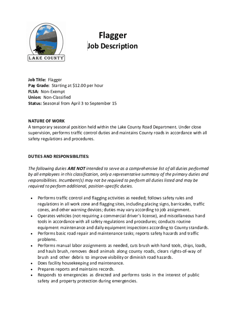 Fillable Online Flagger Seasonal Jobs U.S. Department of Labor Fax Email Print pdfFiller