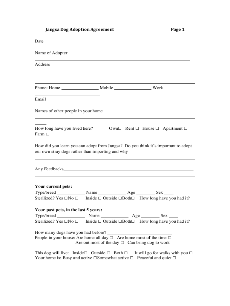 Fillable Online Jangsa Dog Adoption Agreement Page 1 Date Fax Email