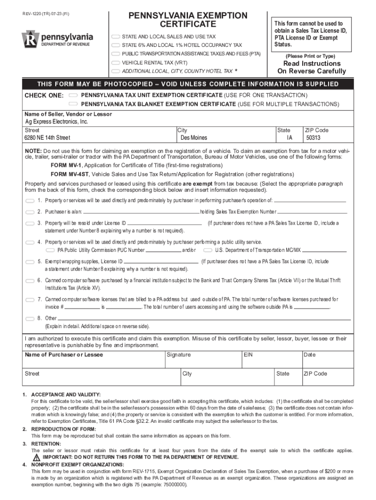 Fillable Online PA Sales and Use/Tax Sales Tax Exemption Certificate