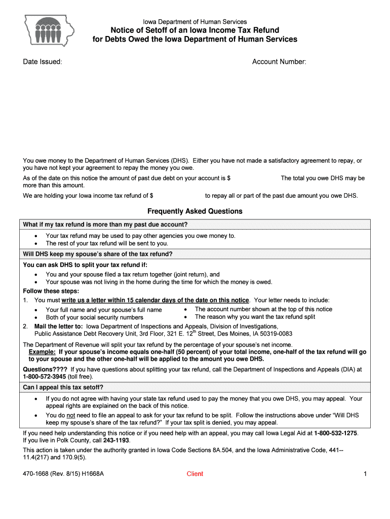 Fillable Online Notice of Setoff of an Iowa Tax Refund Fax Email