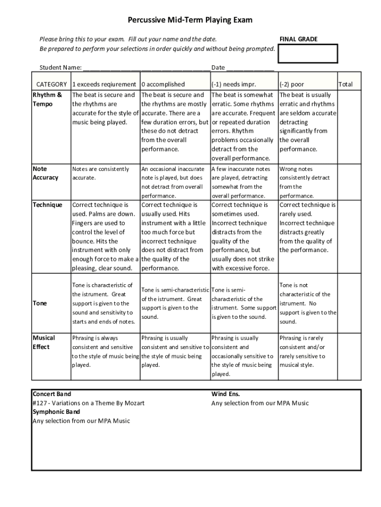 Fillable Online Performance Rubric Percussion.xlsx Fax Email Print pdfFiller