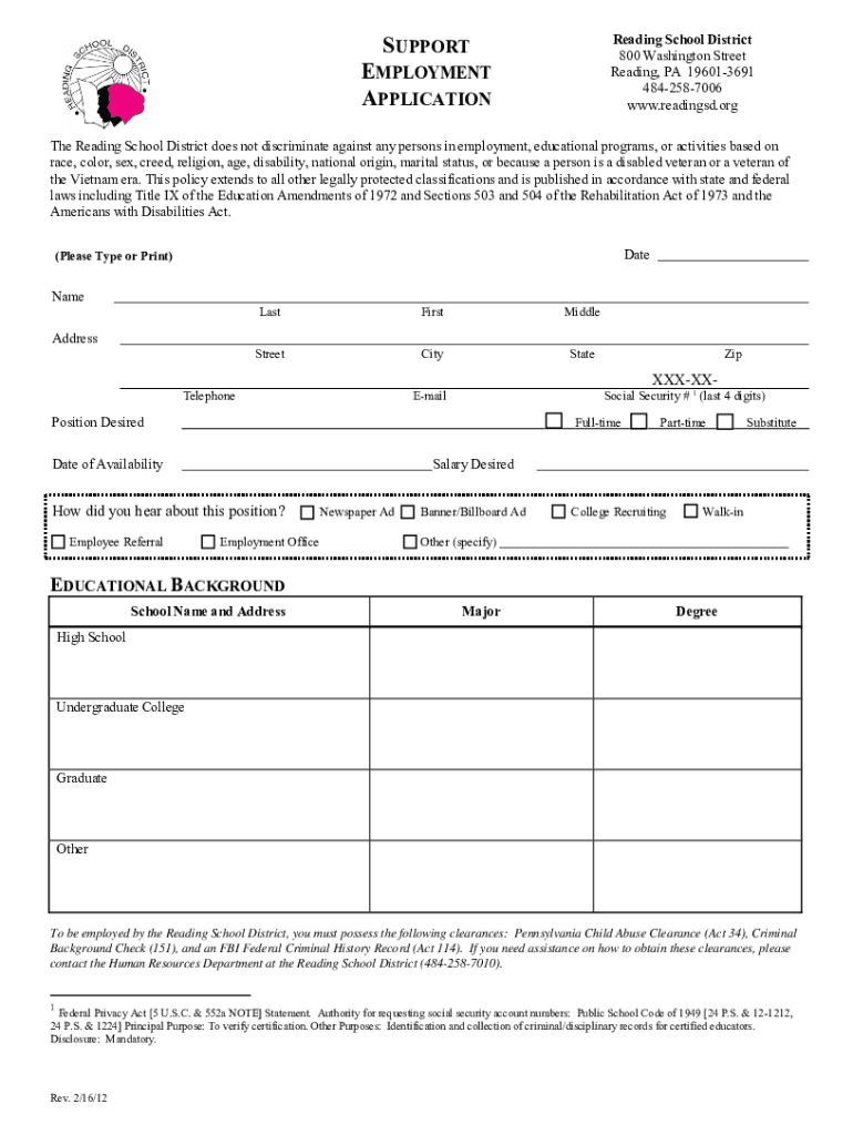 Fillable Online Reading School District Employment Application Fax