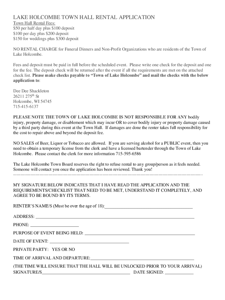Fillable Online LAKE TOWN HALL RENTAL APPLICATION Fax Email
