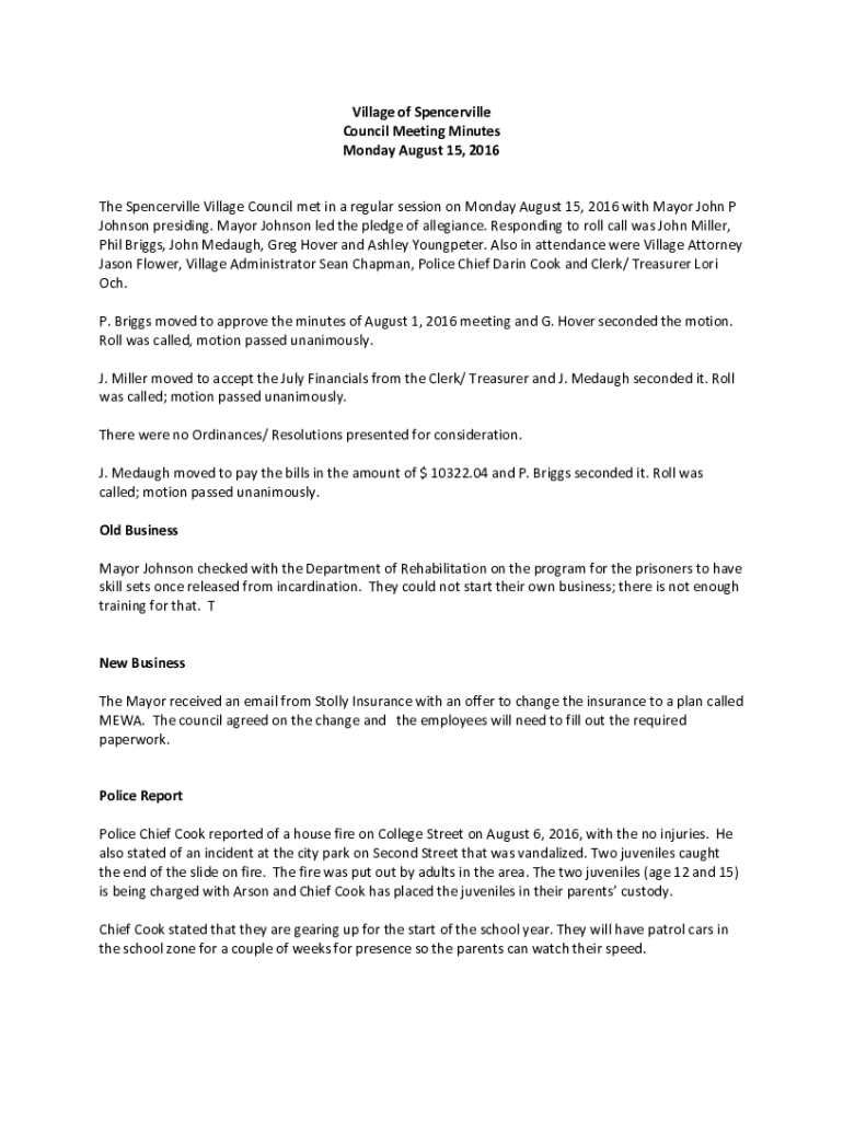 Fillable Online SPENCER TOWNSHIP/ VILLAGE OF SPENCERVILLE Fax Email