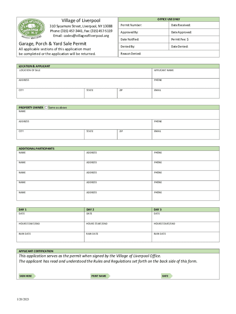 Fillable Online Garage, Porch & Yard Sale Permit Fax Email Print