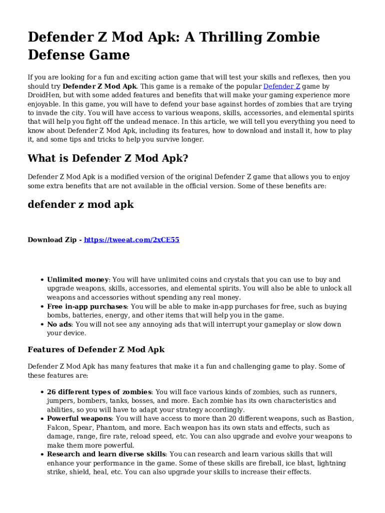 Fillable Online Defender Z MOD V1.1.21 Unlimited money Free purchase