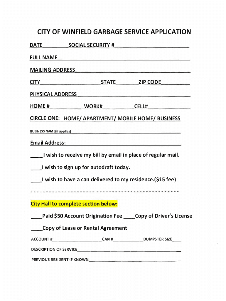 Fillable Online CITY OF WINFIELD GARBAGE SERVICE APPLICATION Fax Email