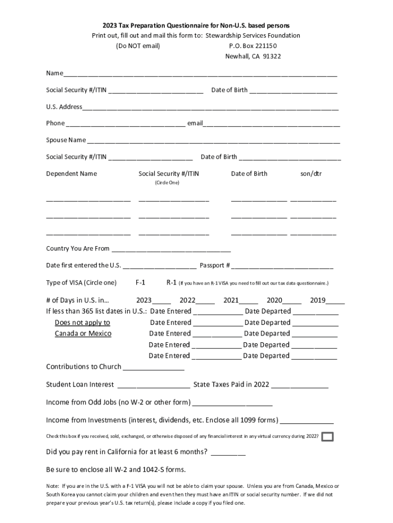 Fillable Online 2023 Tax Preparation Questionnaire for NonU Fax Email