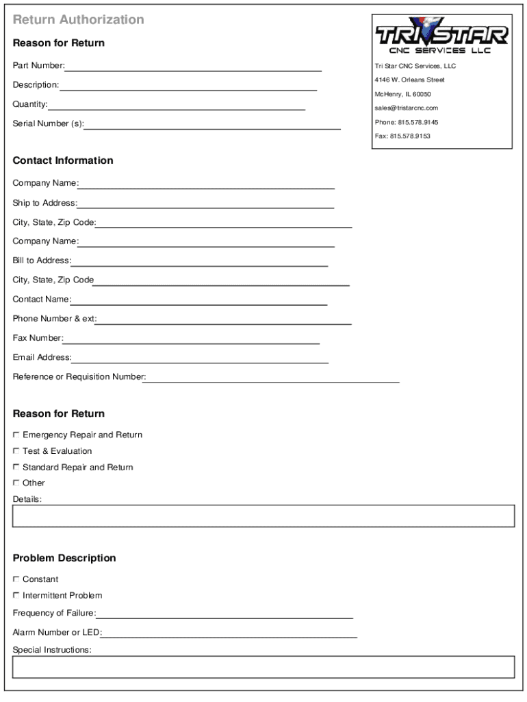 Fillable Online Request Return Authorization Number Fax Email Print