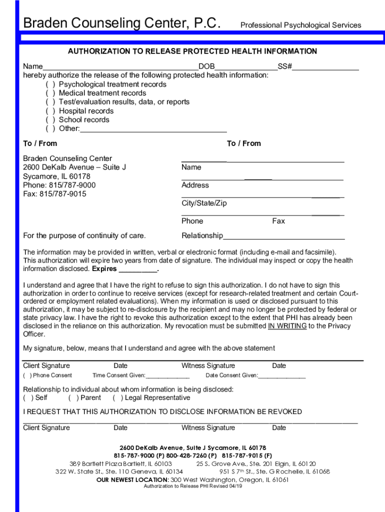 Fillable Online Braden Counseling Center, P Fax Email Print pdfFiller