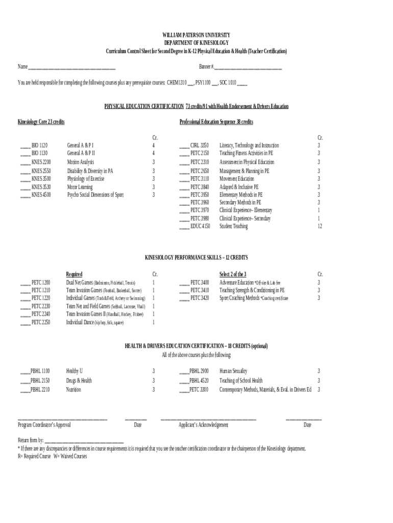 Curriculum Sheets WPconnect William Paterson University Doc