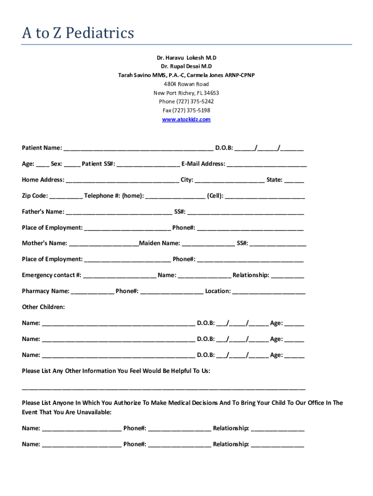 Fillable Online A to Z Pediatrics Fax Email Print pdfFiller