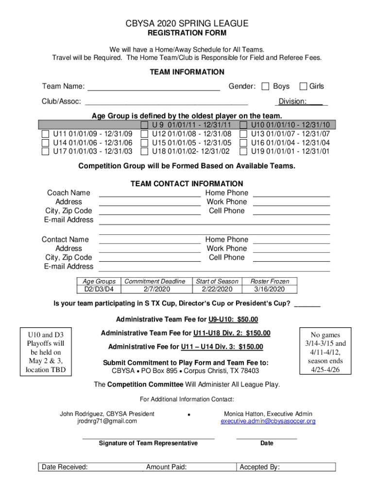 Fillable Online Coastal Bend Youth Soccer Association Home Fax Email