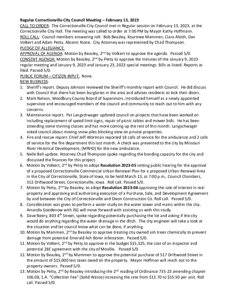 Fillable Online February 13, 2023 CALL TO ORDER The Correctionville