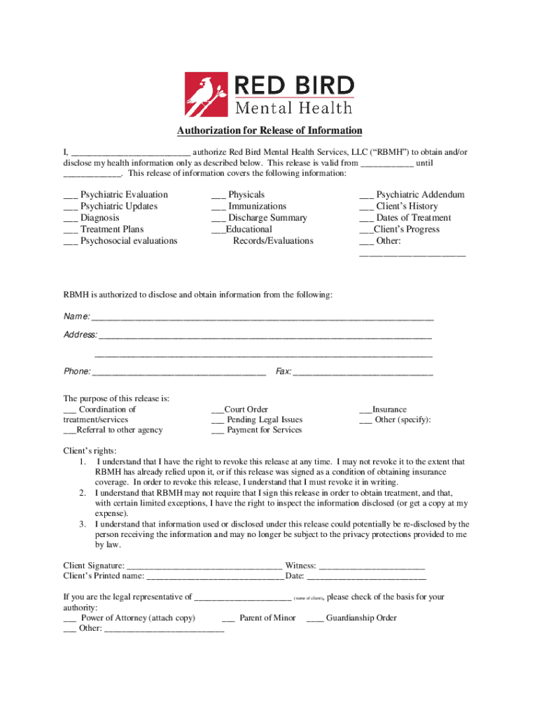 Fillable Online Client Portal for Red Bird Mental Health Services, Inc. Fax Email Print pdfFiller