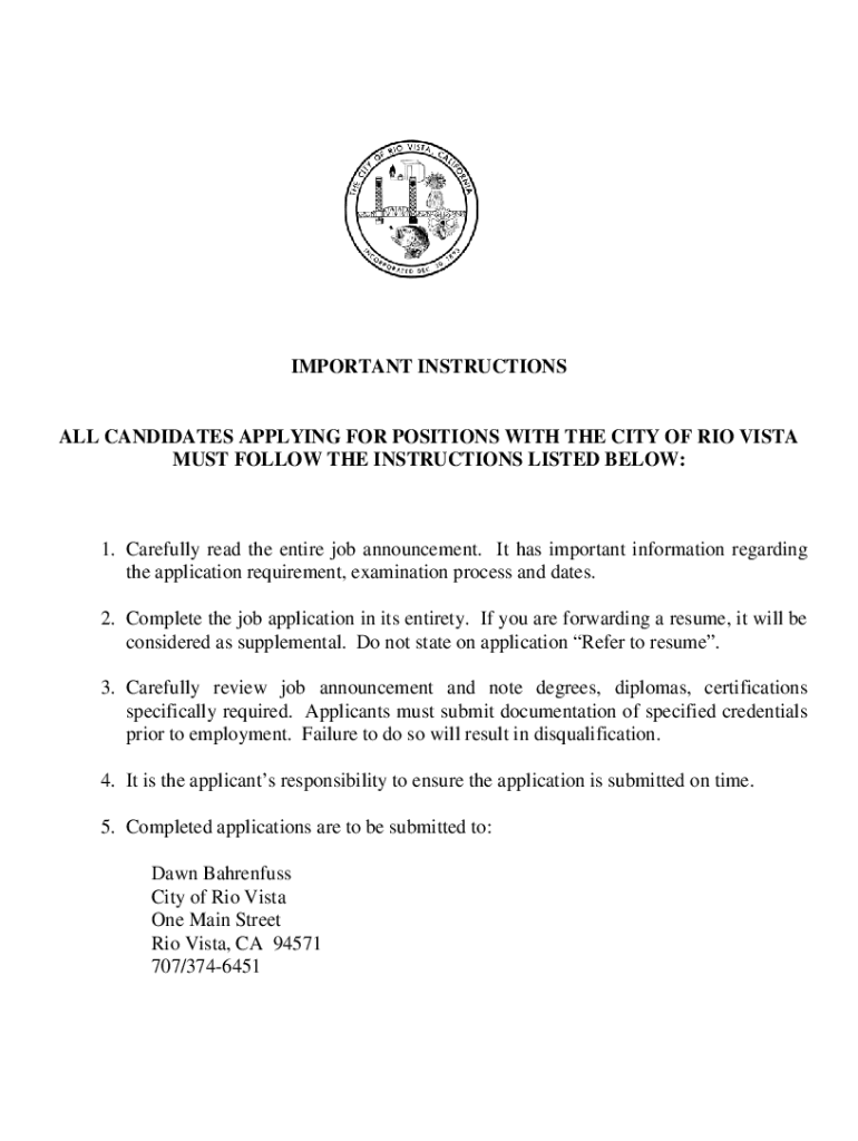 Fillable Online City of Rio Vista Employment Application Fax Email Print pdfFiller