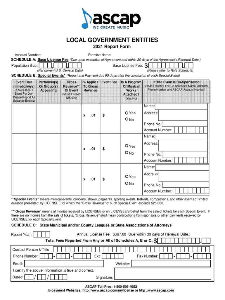Fillable Online Local Government ASCAP Music License Report Form Fax