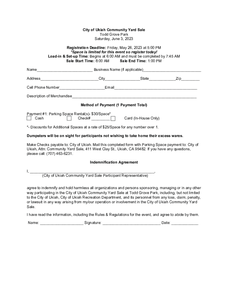 Fillable Online City of Ukiah Community Yard Sale Todd Grove Park