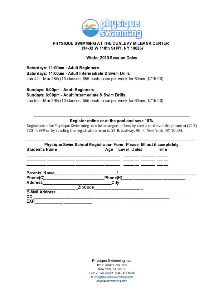 Fillable Online physique swimming at the dunlevy milbank center Fax
