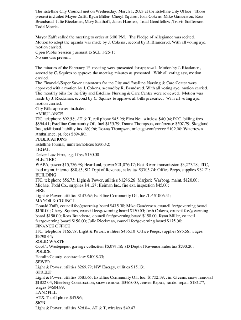 Fillable Online The Estelline City Council met on Wednesday, March 1