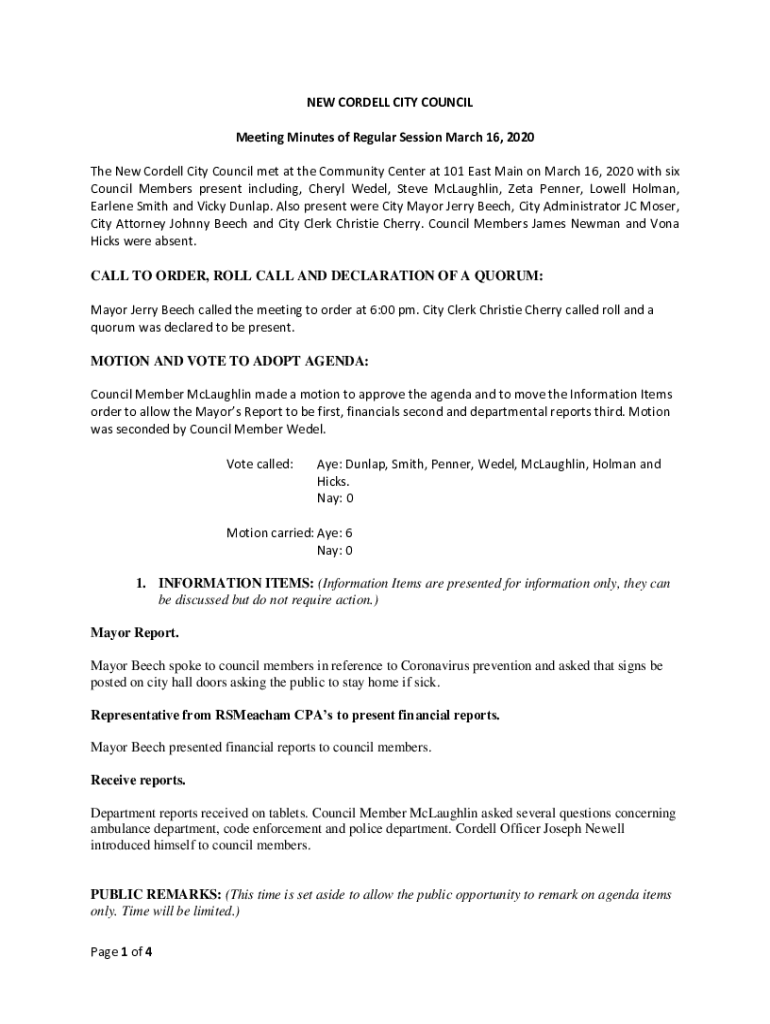 Fillable Online The New Cordell City Council met at the Community