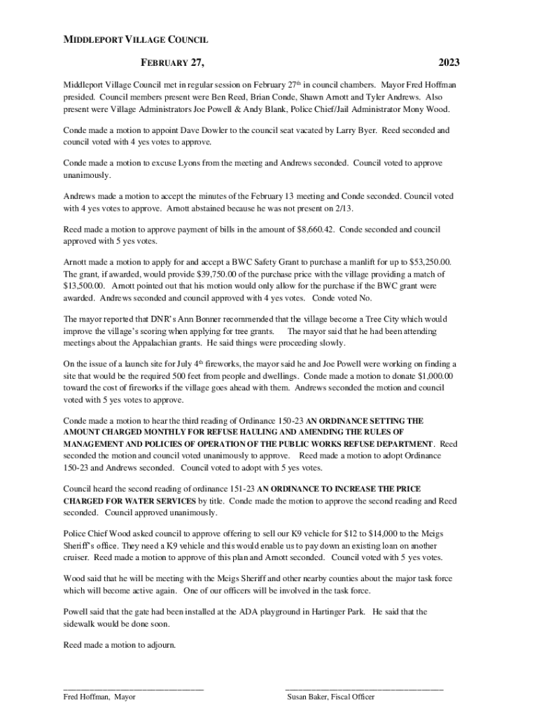 Fillable Online Middleport Village Council met in regular session on