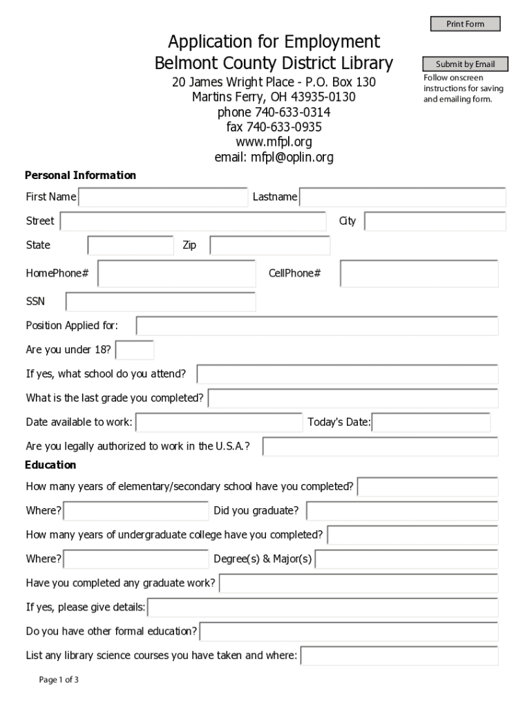 Fillable Online Application for Employment Belmont Fax Email Print