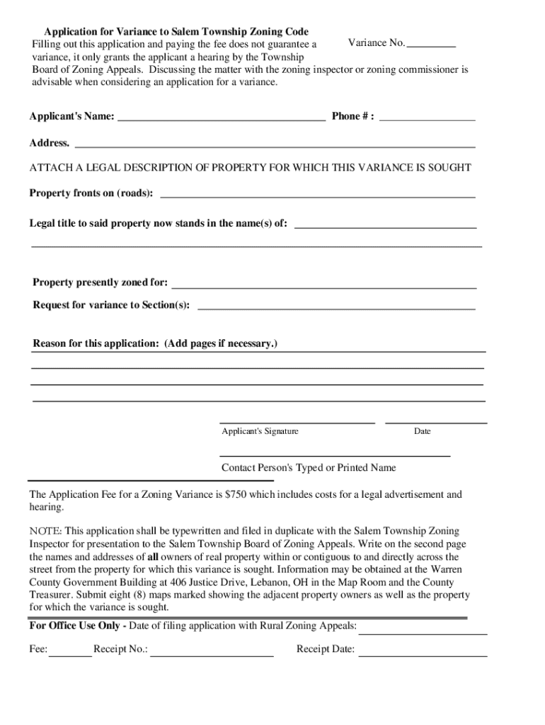 Fillable Online Application for Variance to Salem Township Zoning Code