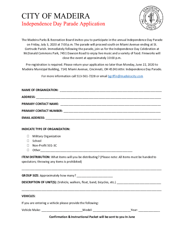 Fillable Online The Madeira Parks & Recreation Board invites you to