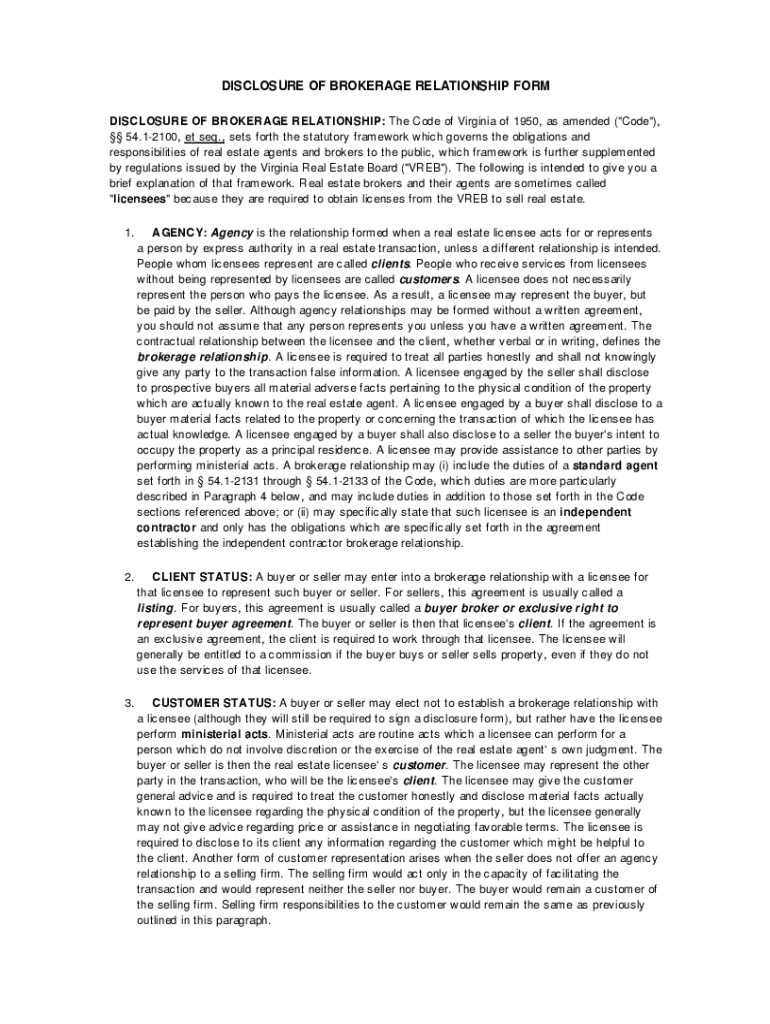 Fillable Online DISCLOSURE OF BROKERAGE RELATIONSHIP FORM Fax Email