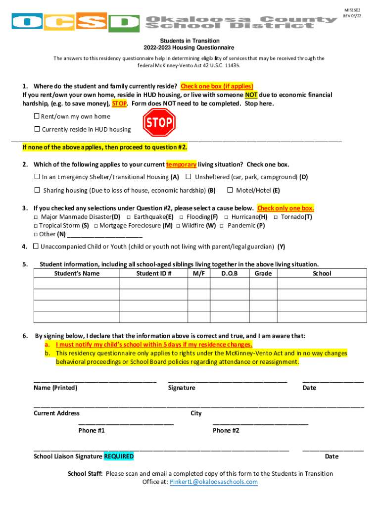 Completable En línea Student Housing Questionnaire For McKinney Vento Fax Email Imprimir