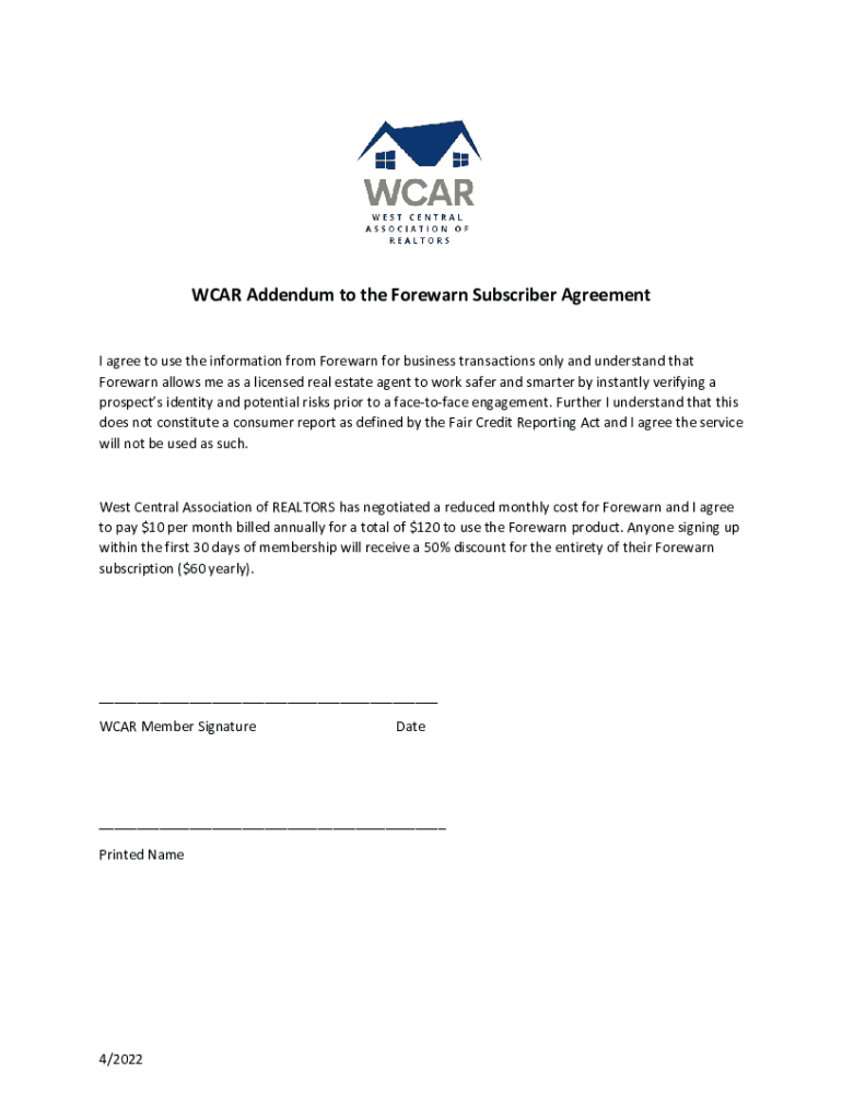 Fillable Online WCAR Addendum to the Forewarn Subscriber Agreement Fax