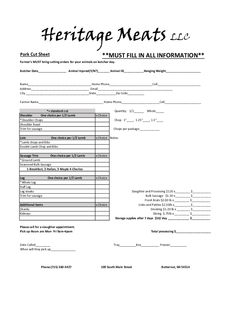Fillable Online pork cutting order sheet Caver Meats LLC Fax Email