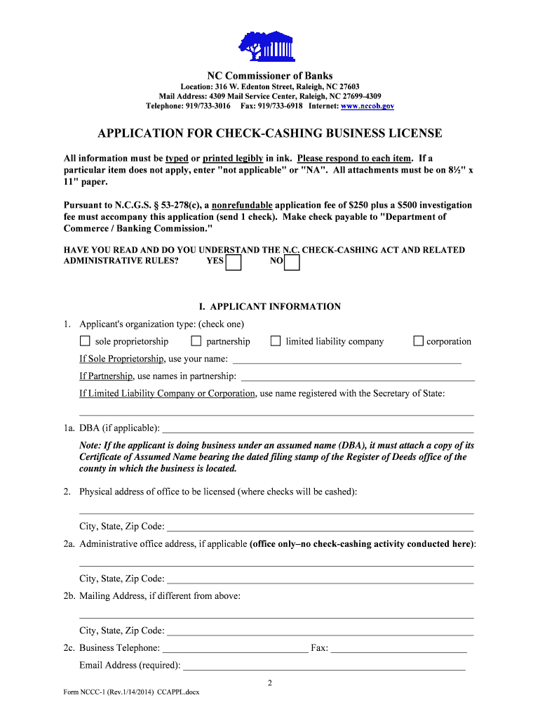 Fillable Online nccob APPLICATION FOR NORTH CAROLINA CHECKCASHING