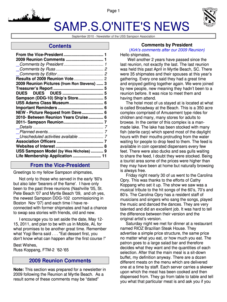 Fillable Online sampsonddg10 SAMPSO39NITE39S NEWS Sampson DDG10 Fax Email Print pdfFiller