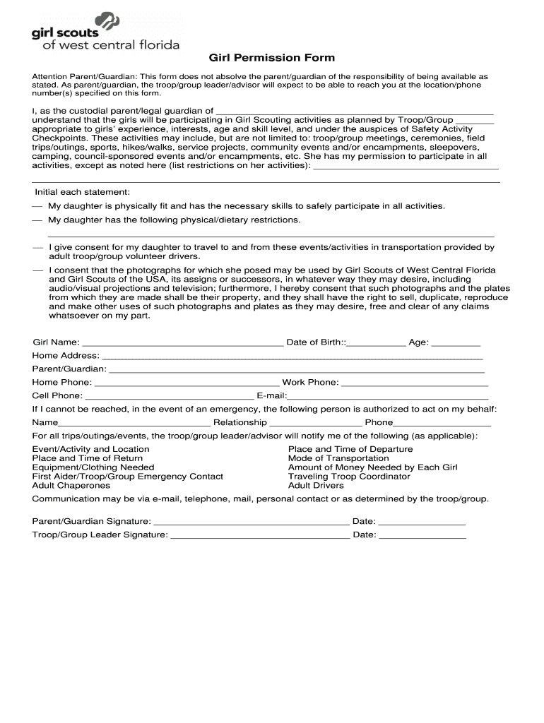 Fillable Online future girlscouts Girl Permission Form Girl Scouts of