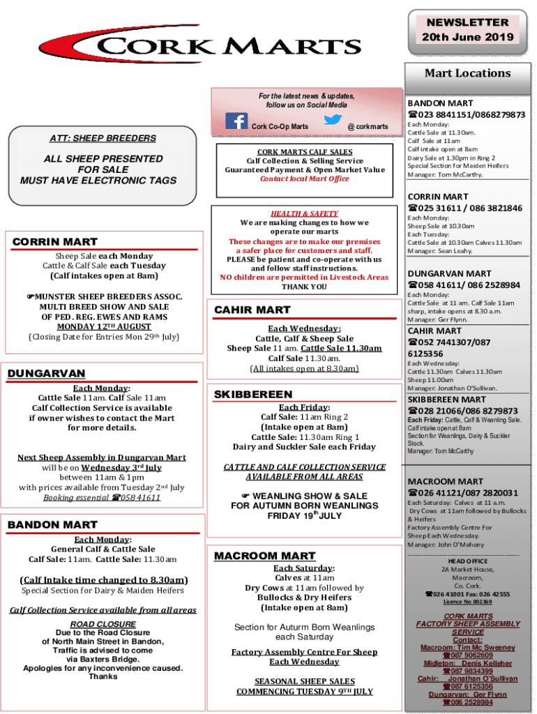 Fillable Online Cork CoOp Marts Sample Sheep Prices*** Location Fax