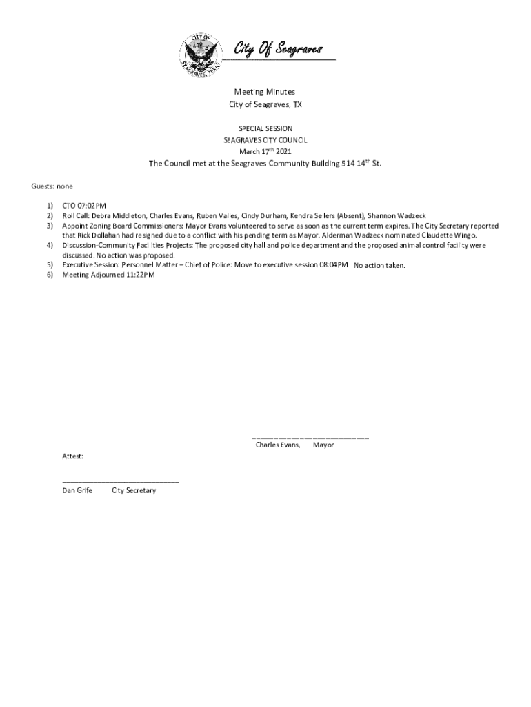 Fillable Online The Council met at the Seagraves Community Building 514