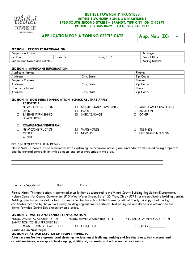 Fillable Online application for a zoning certificate Bethel Township