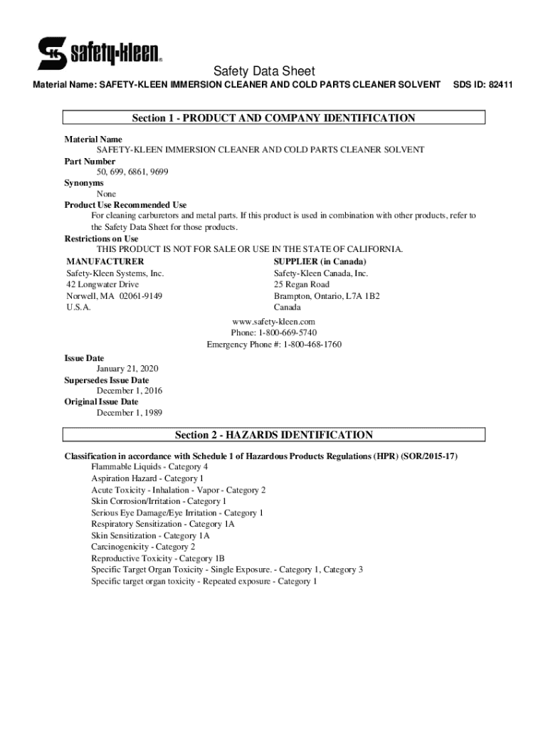 Fillable Online Material Name SAFETYKLEEN IMMERSION CLEANER AND COLD