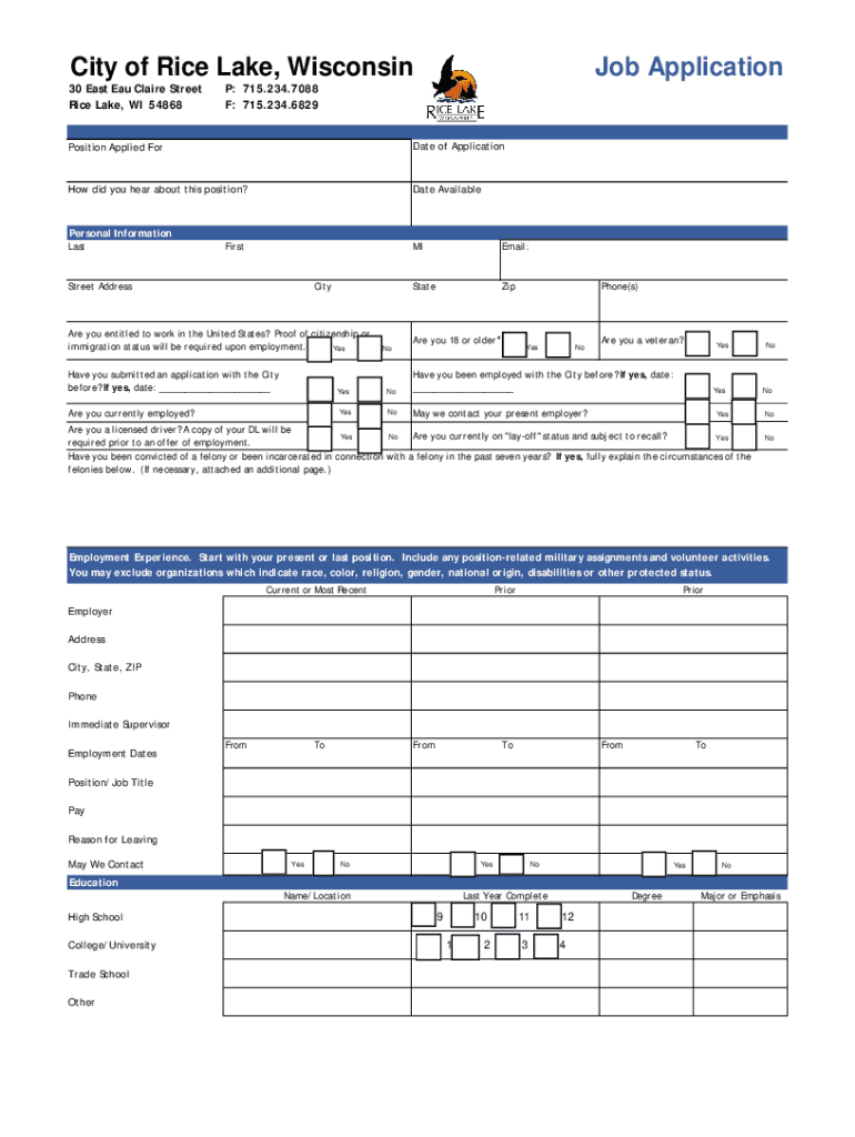 Fillable Online Rice Lake area jobs, open positions and interviews Fax Email Print pdfFiller