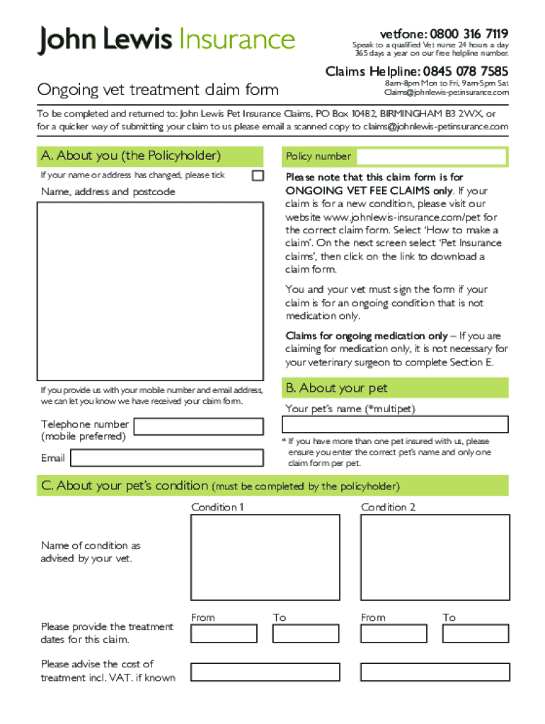 Fillable Online John Lewis Pet Insurance Claim Form Fax Email Print