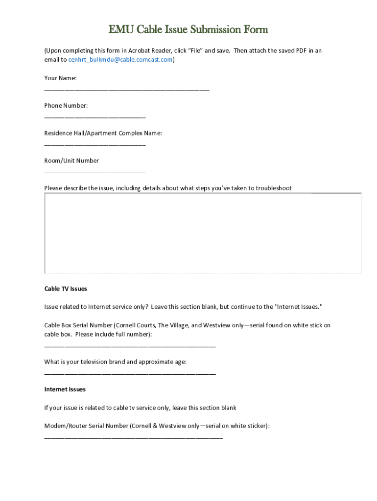 Fillable Online EMU Cable Issue Submission Form. Housing and Residence