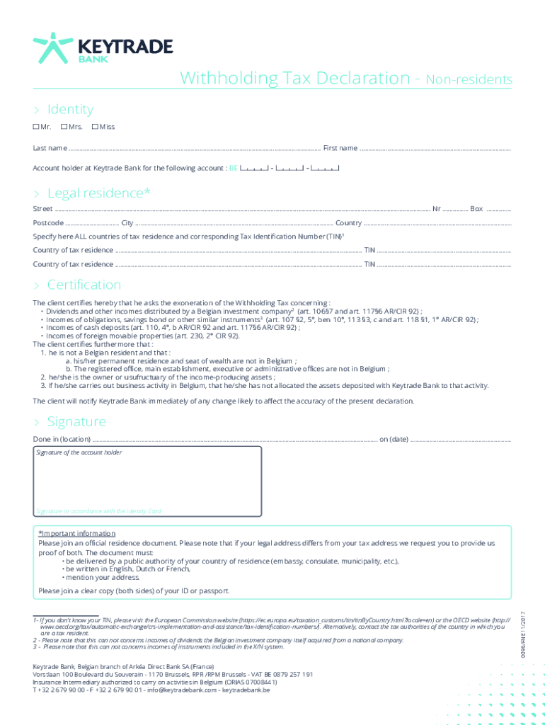Fillable Online Withholding Tax Declaration Nonresidents Fax Email