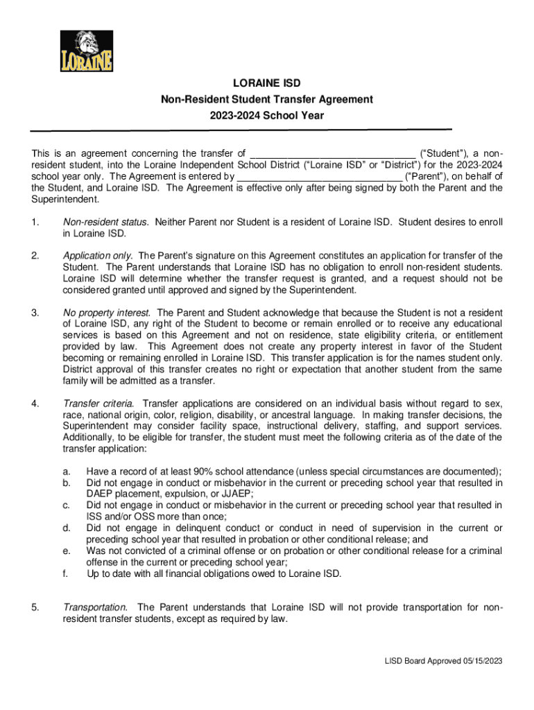 Fillable Online loraine esc14 LORAINE ISD NonResident Student Transfer Agreement Fax Email