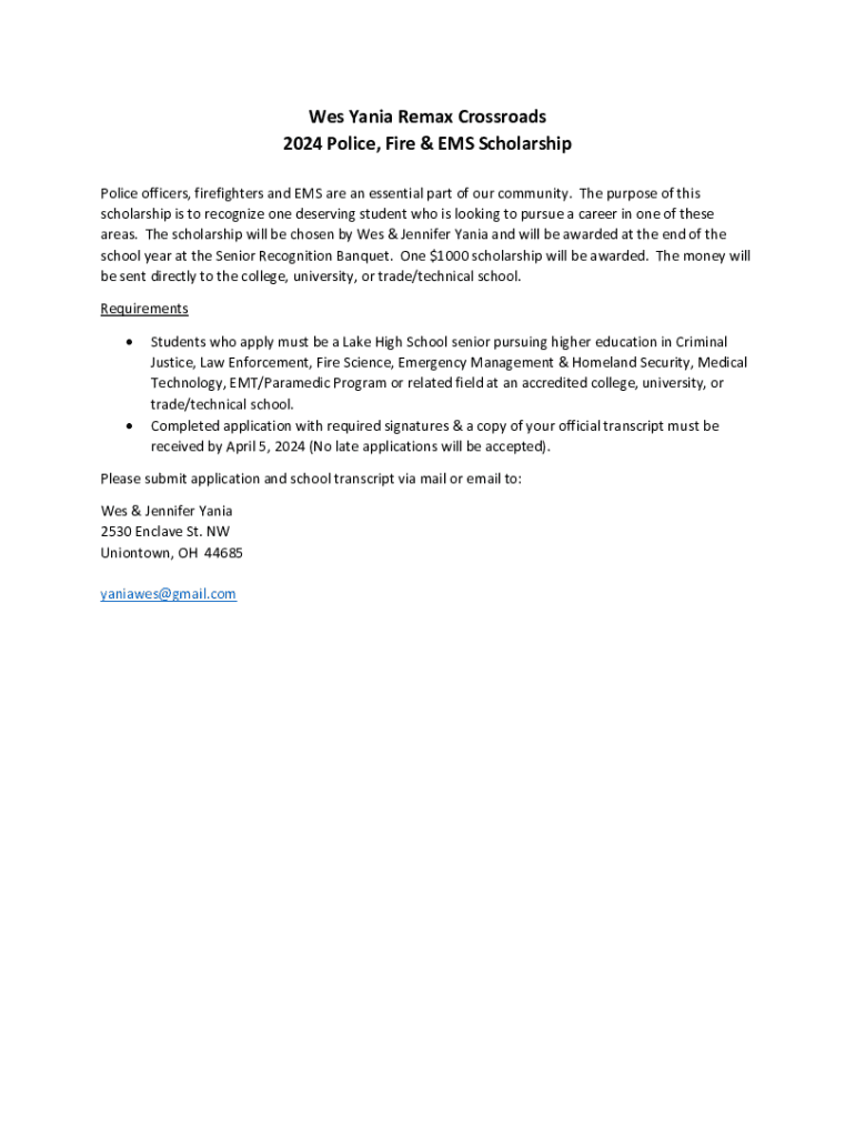 Fillable Online Wes Yania Remax Crossroads 2024 Police, Fire & EMS