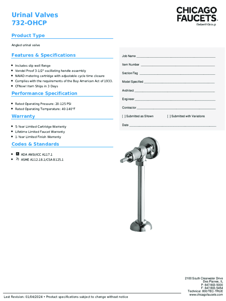 Fillable Online Chicago Faucets 732OHCP Angle Urinal Valve with Riser