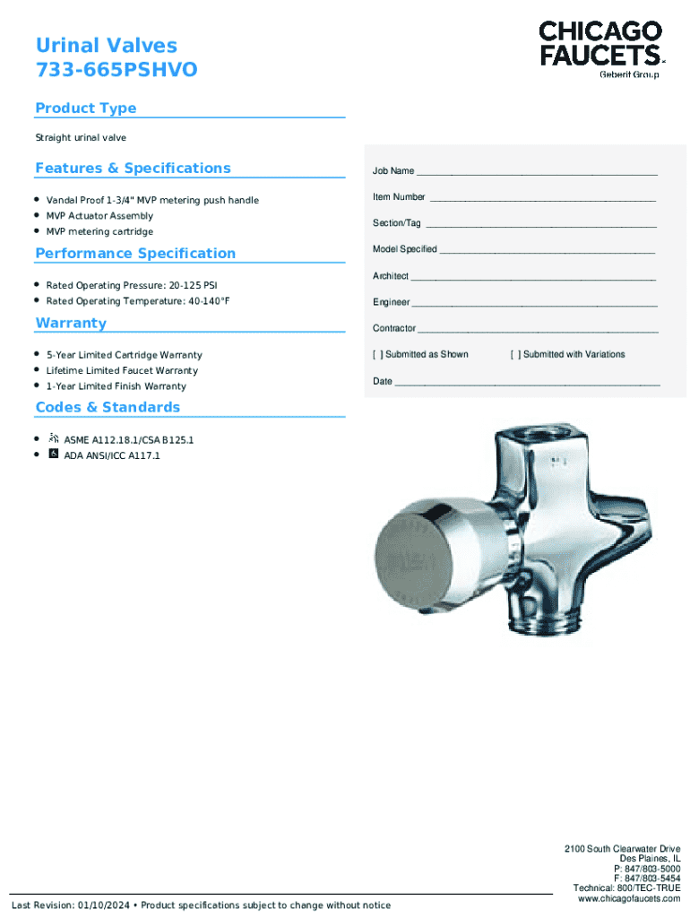Fillable Online Chicago Faucets 733665PSHCP Straight Urinal Valve W